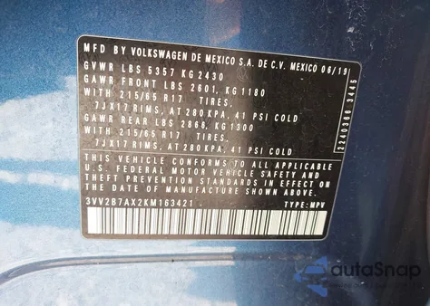 2019 Volkswagen Tiguan Se/Sel/Sel R-Line Jet-Black/Sel R-Line z USA, uszkodzony, nr VIN 3VV2B7AX2KM163421